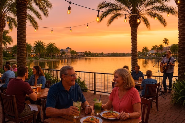Lake Sumter Landing restaurants with waterfront dining at sunset in The Villages